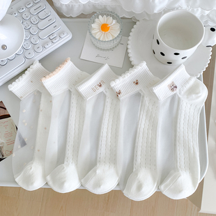 水晶丝小熊袜子女短袜夏季 精梳棉底网眼透气卡丝船袜白色运动 薄款