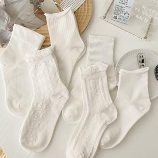 白色袜子女中筒袜棉袜日系jk花边夏薄款 长袜洛丽塔卷边春秋ins潮