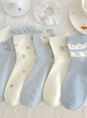 蓝色可爱卡通袜子女中筒袜春秋精梳棉透气百搭秋冬少女韩版小花