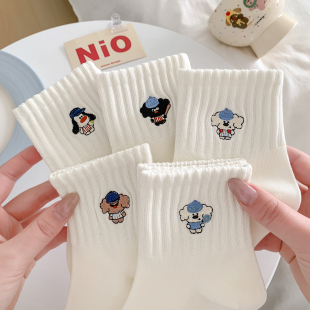 运动风 春夏女款 春秋刺绣蓝帽小狗袜子女纯白中筒棉袜2026新款 爆款