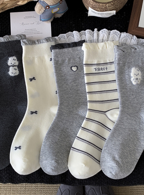 灰色系毛绒小兔袜子女秋冬长筒袜韩版ins潮精梳棉泡泡口花边中筒