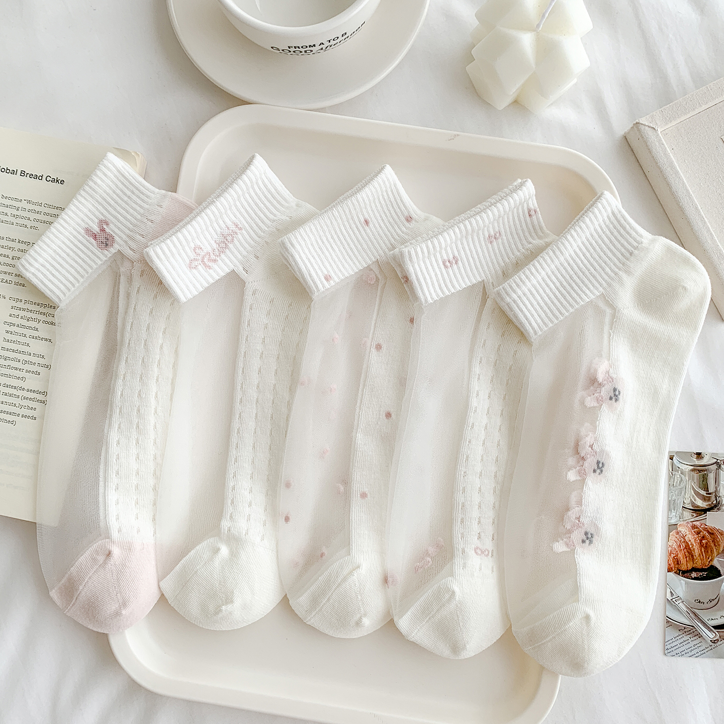 粉色小兔水晶丝棉底短袜夏季薄款