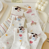 秋冬新款 点子纱袜子女中筒袜毛绒狗运动风透气韩版 ins潮可爱卡通