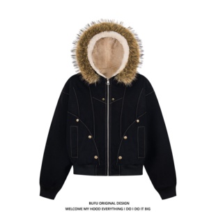 亿万少年BUFU座山雕加厚外套棉衣男女情侣款 毛领棉服夹克外套短款