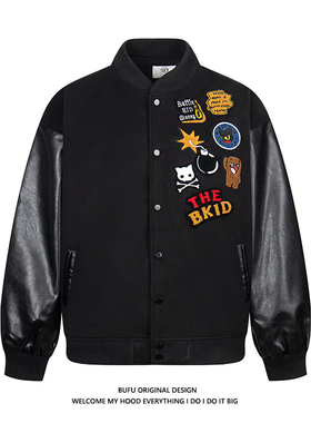 亿万少年BUFU国潮牌美式棒球服皮袖夹克男女春季情侣刺绣涂鸦外套