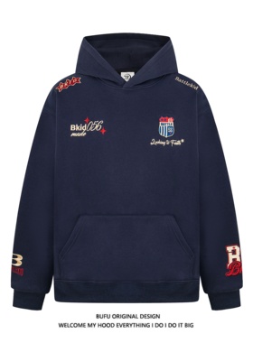 亿万少年BUFU美式复古国潮牌刺绣徽章连帽衫卫衣男女秋冬情侣外套