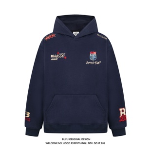 亿万少年BUFU美式复古国潮牌刺绣徽章连帽衫卫衣男女秋冬情侣外套