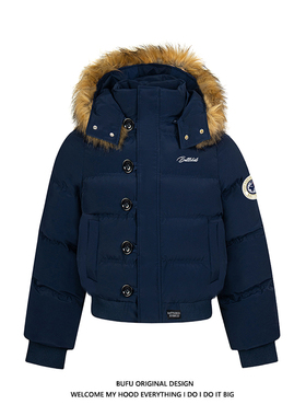 亿万少年BUFU南区菲奥娜毛领连帽棉服外套女冬加厚派克服短款棉衣