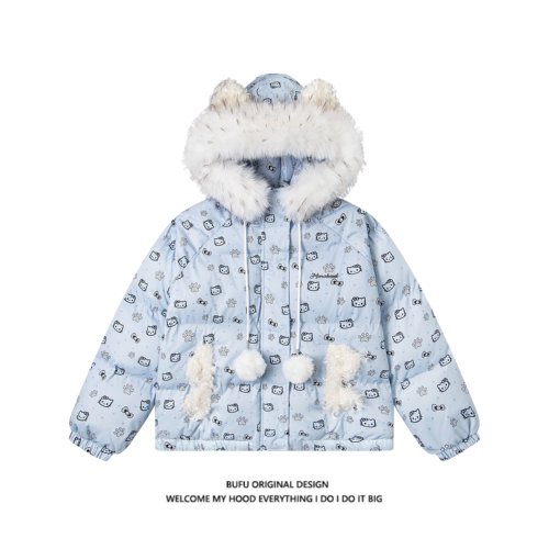 满印连帽棉服外套男女毛领棉衣