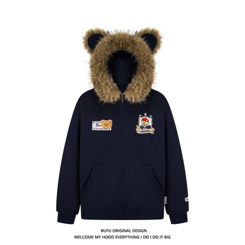 美式复古小熊耳朵毛领开衫外套