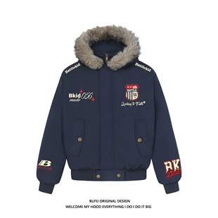 亿万少年BUFU美式复古刺绣徽章毛领座山雕棉衣外套男飞行夹克棉服
