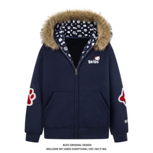亿万少年BUFU原创美式 复古凯蒂猫毛领连帽卫衣加绒加厚外套男女款