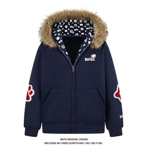 美式复古毛领加绒加厚连帽衫外套