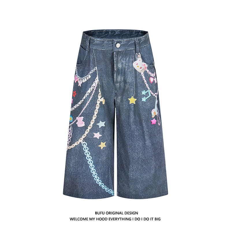 春夏美式复古彩色印花牛仔七分裤