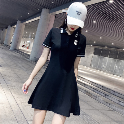 2023新款纯棉Polo领短袖连衣裙女夏季韩版休闲运动百搭黑色a字裙
