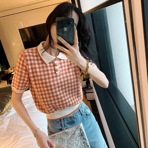 新款泫雅风短袖t恤女夏季2025韩版宽松洋气格子翻领Polo衫上衣服