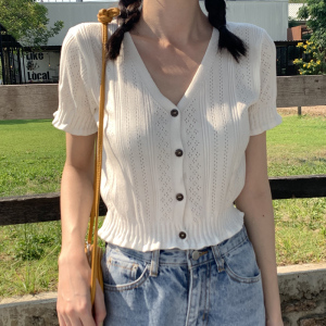 韩版短款冰丝开衫女2025夏季新款V领露肚脐上衣短袖t恤洋气针织衫
