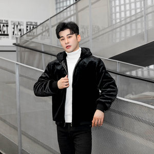 金貂绒貂皮外套男夹克翻领金貂绒男款士仿皮草雕大衣短款连帽修身
