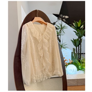 晚风私语 2026新款 春季 花边领拼接衬衫 洋气褶皱衬衣8068 时尚