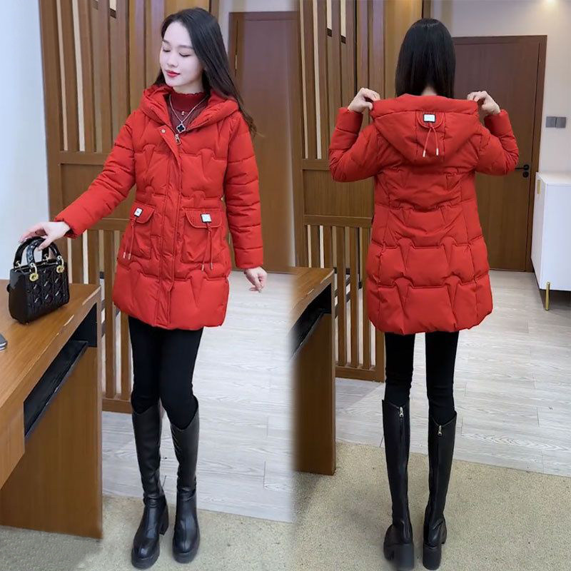 时尚修身连帽羽绒棉服女2025新款冬季加厚保暖气质中长款棉衣外套