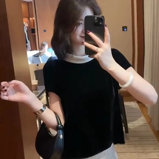 韩版法式撞色金丝绒短袖上衣女大码胖mm夏季显瘦气质宽松t恤小衫