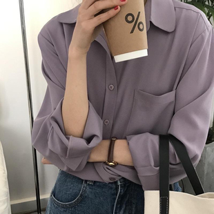 港风法式长袖衬衫女夏季学生薄款洋气衬衣chic韩版防晒外套上衣潮