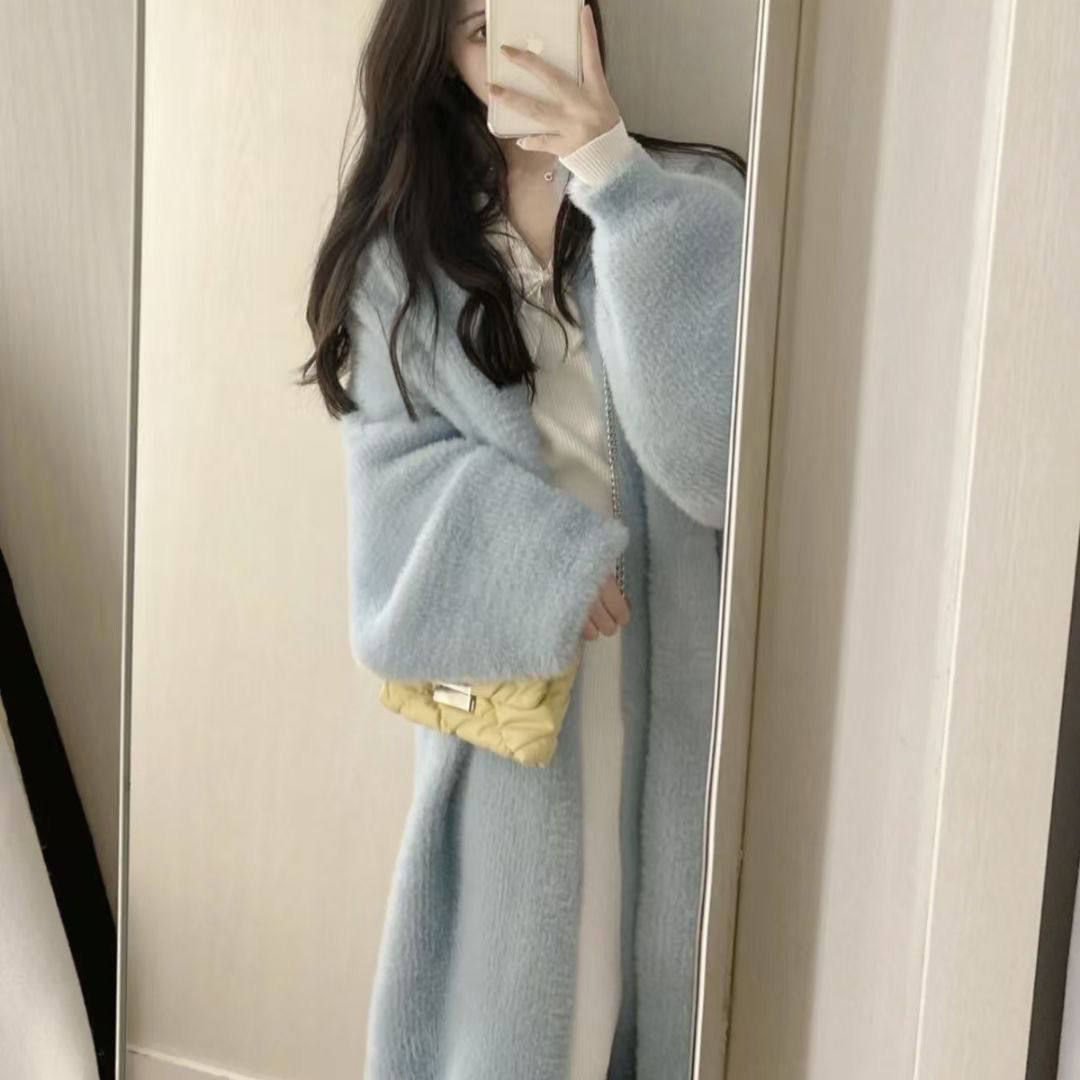 网红秋冬季软糯感仿水貂绒毛衣外套女胖mm大码宽松中长款针织开衫