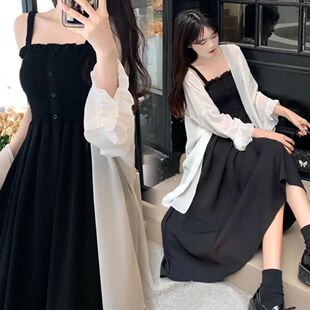 加大码胖mm超仙套装裙女中长款连衣裙两件套海滩裙300斤防晒开衫