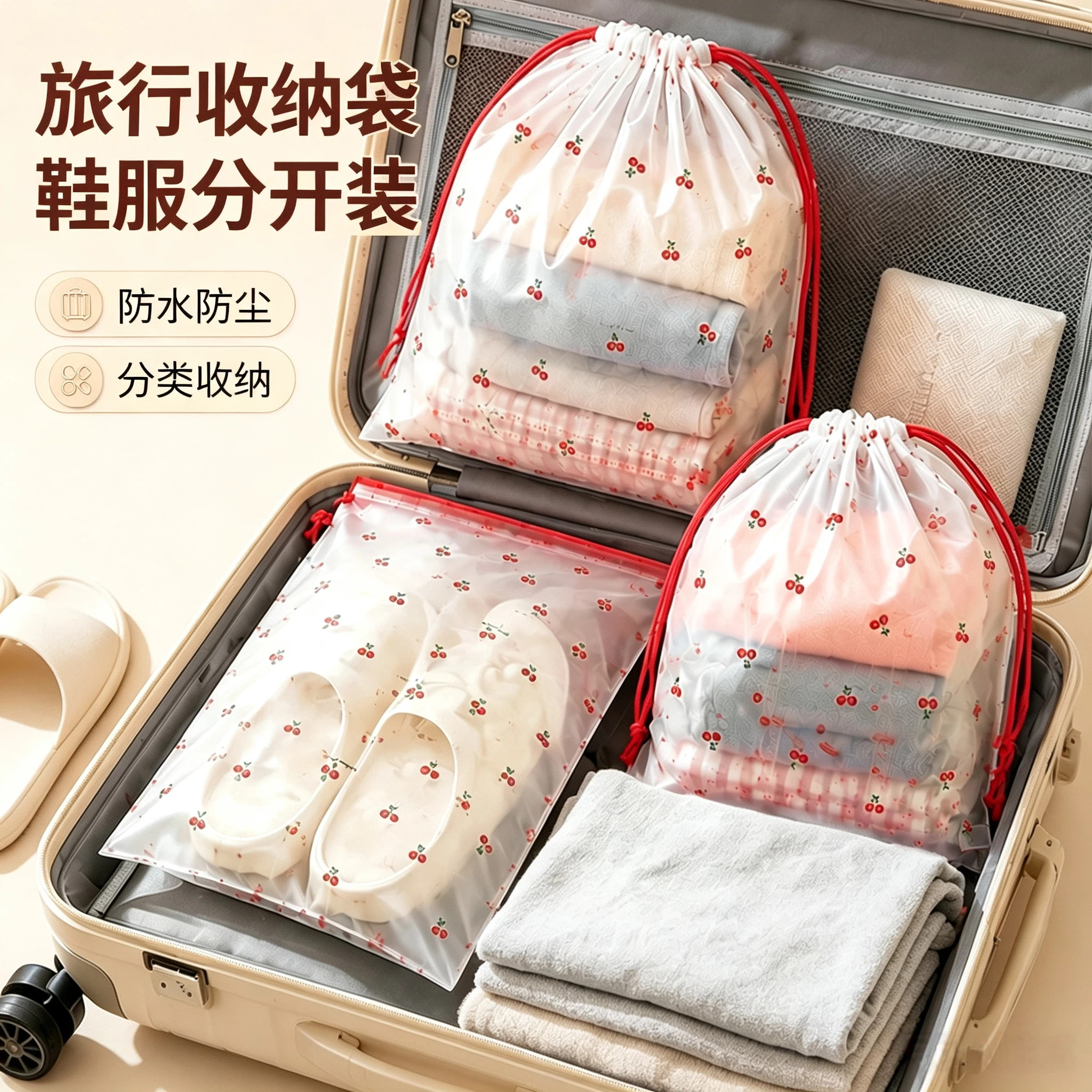 可爱鞋子收纳袋抽绳樱桃旅行便携