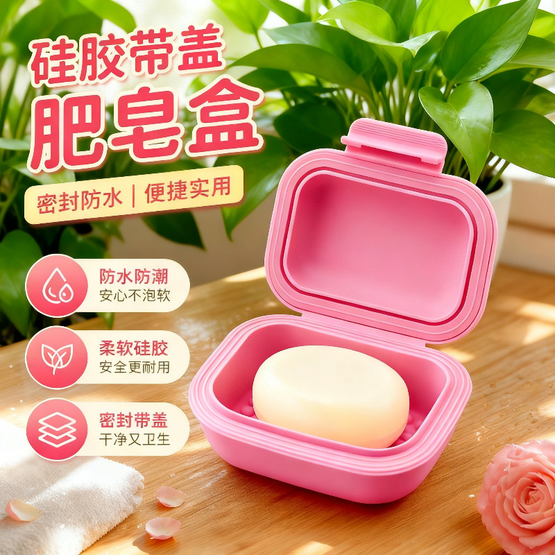 旅行便携硅胶带盖防水香皂盒