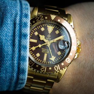 Label系列像素马赛克GMT镀金棕面自动机械手表 Green WMT Watches