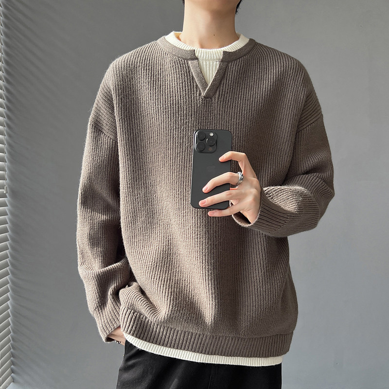 雅鹿新款假两件针织衫毛衣男慵懒风套头线衣外穿宽松内搭打底衫帅