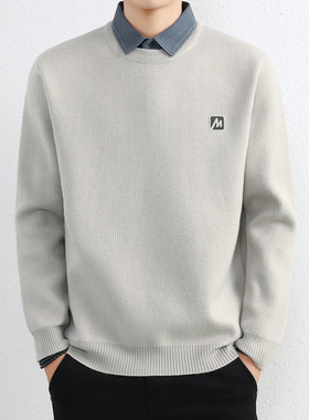 柔软带领一体绒假两件毛衣男纯色毛线衣商务加绒厚款打底衫针织衫