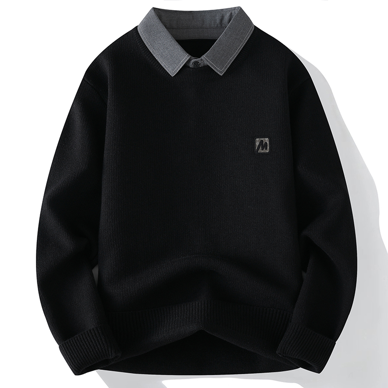 柔软一体绒加绒厚款商务假两件带领毛衣男纯色内搭打底针织衫线衣