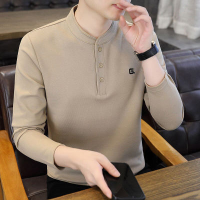 2025新款薄款纽扣小领子长袖t恤男POLO衫纯色棉料短袖T恤柔软透气