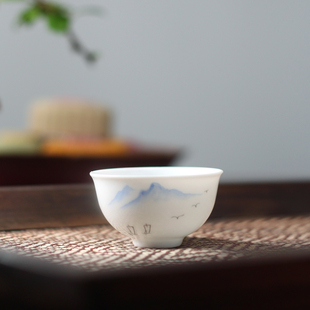 传统潮州功夫茶具茶杯 手绘小船山水杯蛋壳杯 单丛小茶杯 超小号