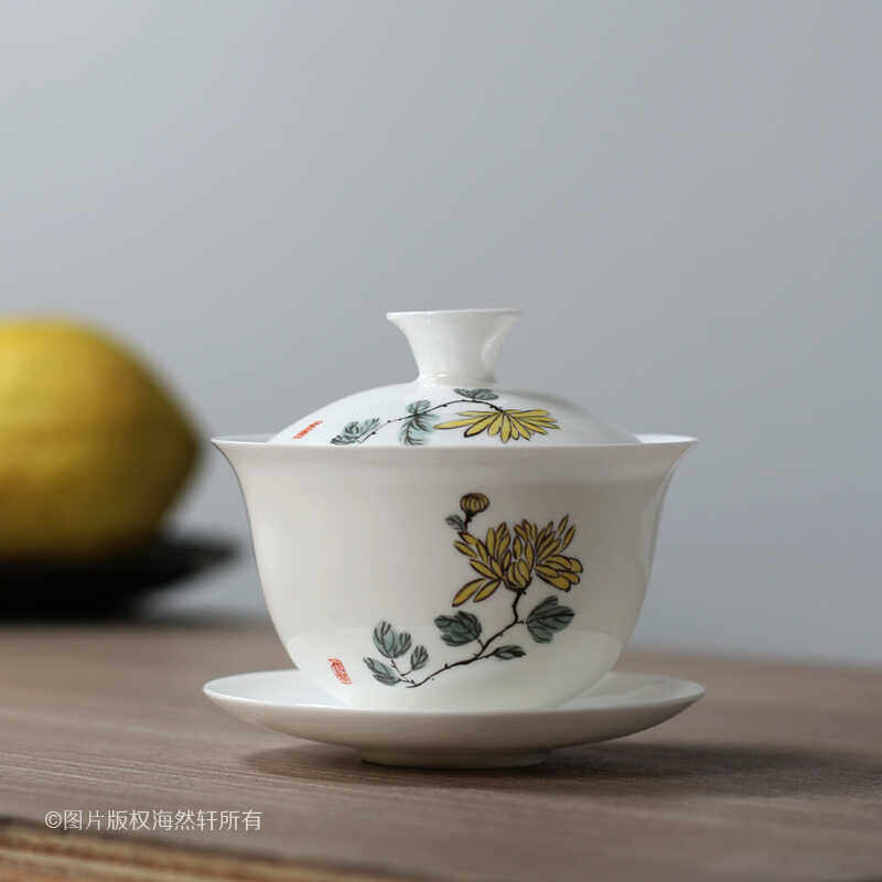 国潮 手工潮州功夫茶具薄胎骨瓷手绘菊花三才杯盖碗泡茶碗冲茶碗