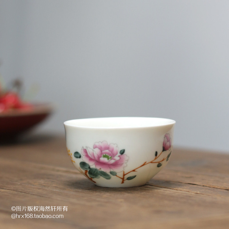 潮州老陶瓷功夫茶具玉瓷釉上彩手绘牡丹花茶杯品茗杯主人杯单杯