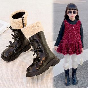 女童靴子儿童高筒靴2026暖冬皮靴蝴蝶结公主风马丁靴潮酷长筒靴子