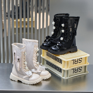 女童靴子夏季镂空网靴透气薄款高筒表演演出马丁靴软底网面凉鞋靴