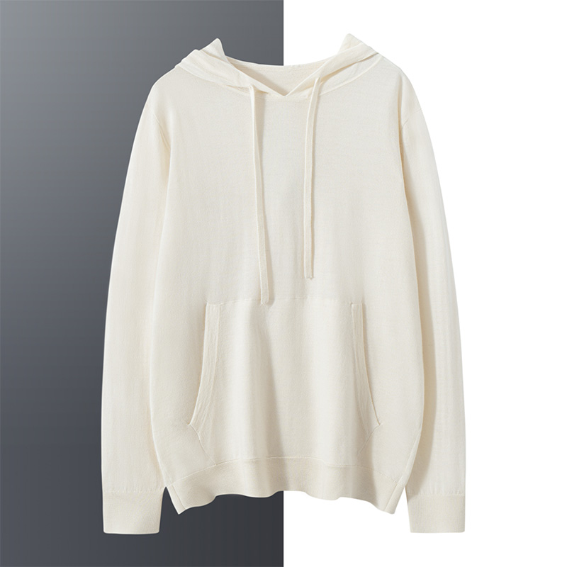 精纺薄款羊绒帽衫男100%纯山羊绒连帽纯色针织衫带兜卫衣毛衣外套