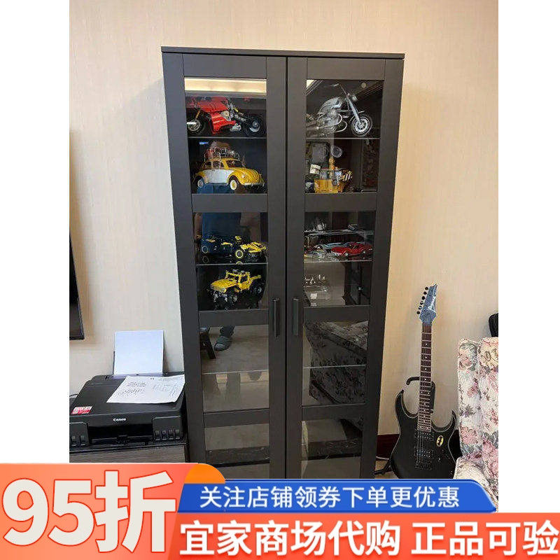 IKEA宜家百灵玻璃门柜白色黑色80x190厘米家用防尘置物柜书架立柜