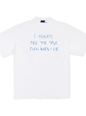 False Inception纯白蓝圆珠笔手写字母标语百搭小领口短袖T恤夏季