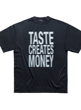 False Inception水洗灰黑眩晕模糊复古字母标语百搭小领口短袖T恤