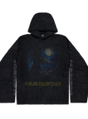 False Inception 铁娘子乐队摇粒绒做旧洗水黑宽松套头连帽卫衣