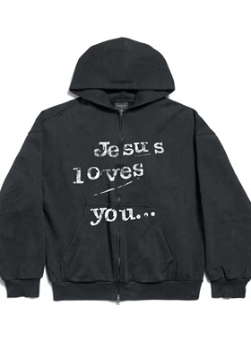 False Inception洗水灰标语拉链连帽卫衣外套短款宽松男女同款棉