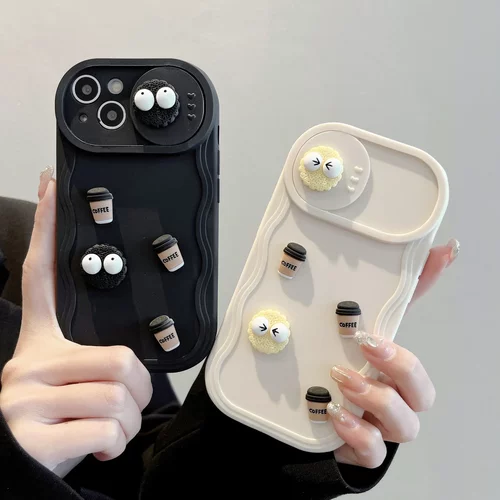 适用iPhone15PRO煤球推窗手机壳苹果16立体咖啡14波浪卡通保护套