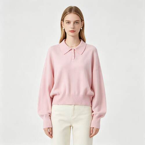 II5294外贸欧美Polo 领针织衫毛衣女新款翻领三扣落肩宽松慵懒风
