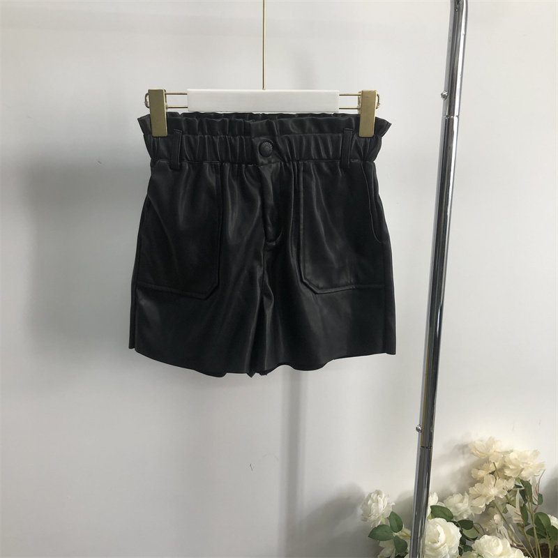 D5093任3件包邮外贸韩版女士皮短裤新款松紧腰高腰显瘦五分阔腿裤