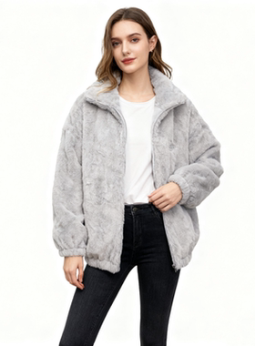 L4400任3件包邮外贸日单男女士同款毛绒外套新款立领宽松加厚夹克